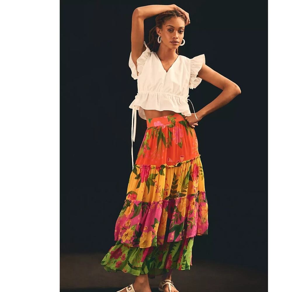 New Anthropologie Farm Rio Romantic Garden Tiered Skirt $220 XXS Yellow Motif